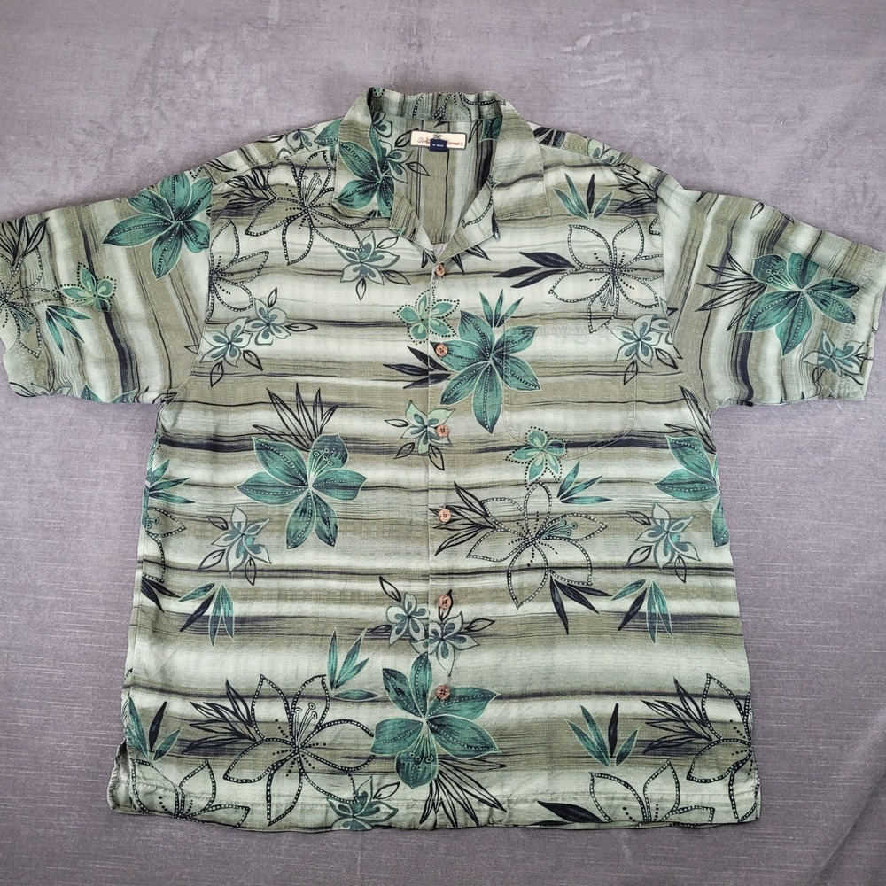 Tommy Bahama Mens Large 100% Silk Floral Hawaiian Camp‎ Shirt Sage Green Striped